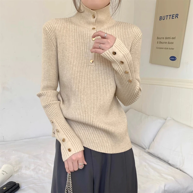 秋冬修身坑条高翻领气质纽扣内搭针织衫女设计感别致显瘦洋气毛衣