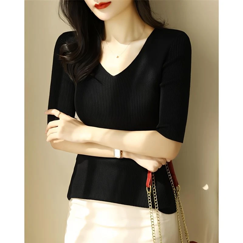 冰丝大码V领螺纹中袖针织衫上衣女春夏季新款显瘦气质打底五分袖
