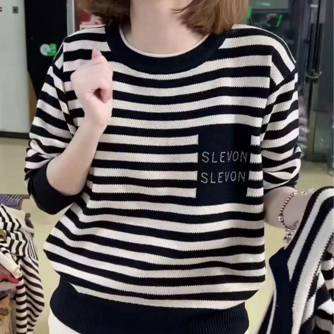 字母条纹圆领套头针织衫新款毛衣时尚春季洋气百搭显瘦长袖上衣