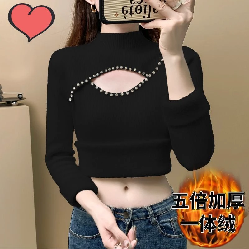 加绒加厚针织衫女半高领内搭冬季洋气镂空毛衣打底保暖一体绒上衣