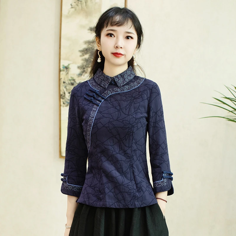 筠雅唐装女中国风棉麻旗袍上衣女春装复古时尚盘扣居士服女装J976