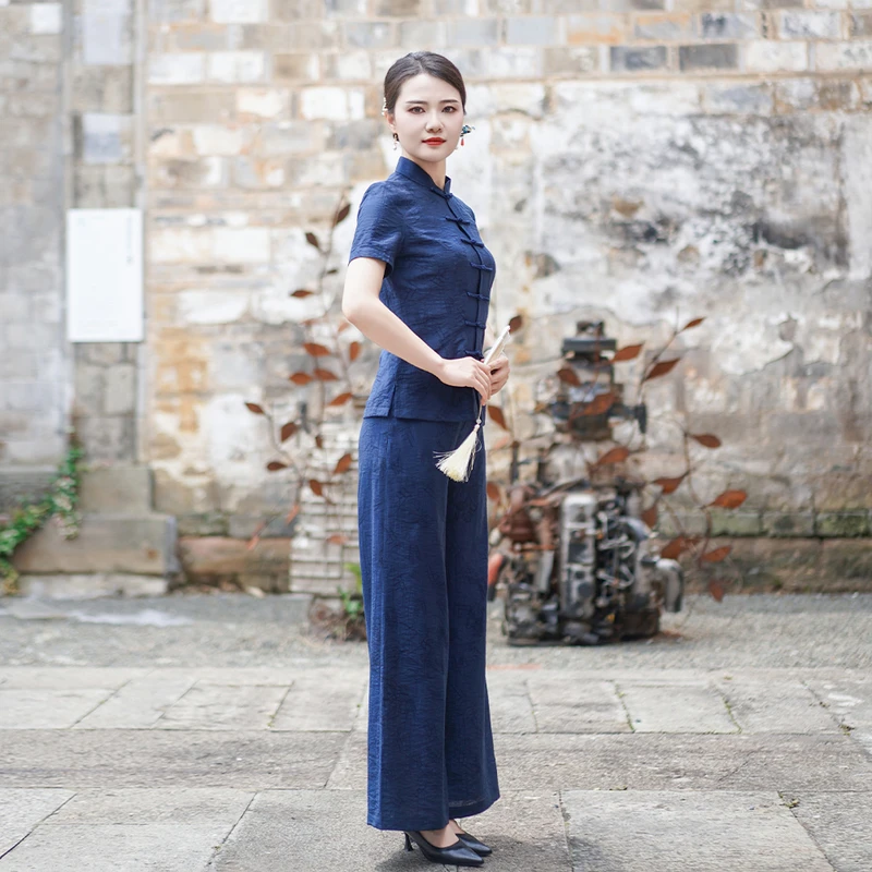 筠雅夏季时尚修腰显瘦新中式套装女复古气质温婉两件套套装24J237