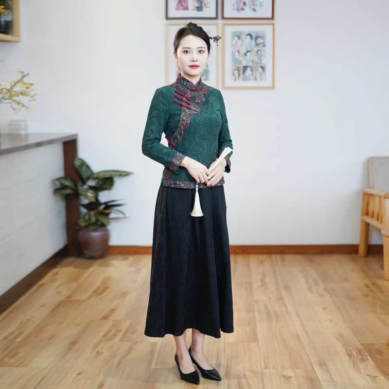 筠雅秋季新款修腰显瘦新中式套装女复古气质减龄两件套套装24J138