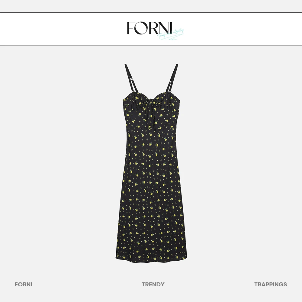 FORNI 春日黄花 气质美式绑带碎花裙时尚休闲风女装连衣裙