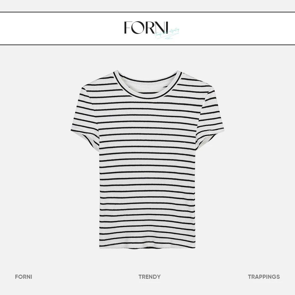 FORNI 极简主义 圆领条纹正肩T恤休闲时尚夏季经典套头