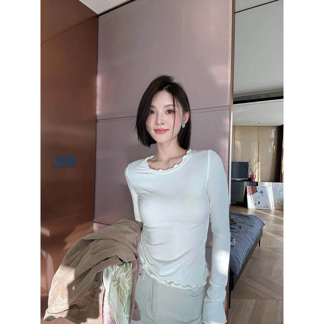 FORNI 舞蹈生都在穿 木耳边打底衫显瘦长袖百搭不规则纯色