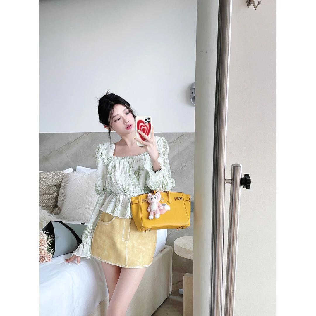 FORNI × YOYO  白鸟携花 方领雅致碎花上衣泡泡袖