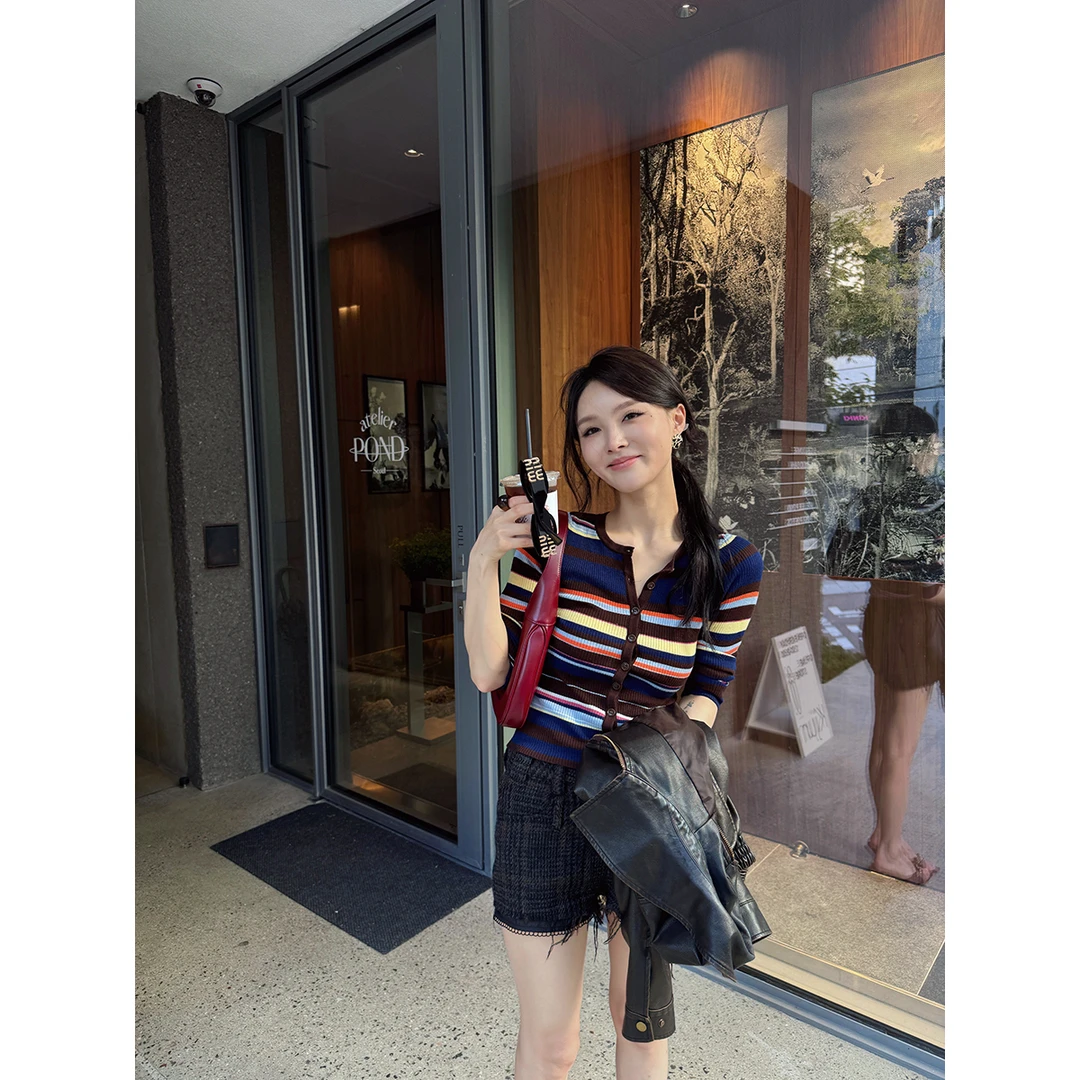 FORNI 色彩碰撞 绵羊毛混纺条纹针织衫设计师时尚长袖气质休闲