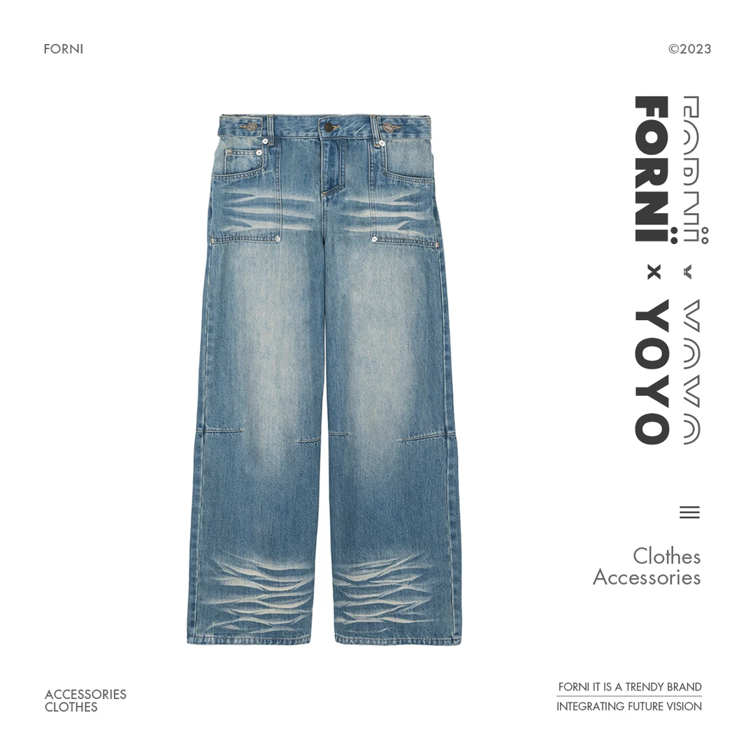 FORNI x YOYO 街头酷盖 复古时尚显瘦高阶气质水洗做旧直筒牛仔裤