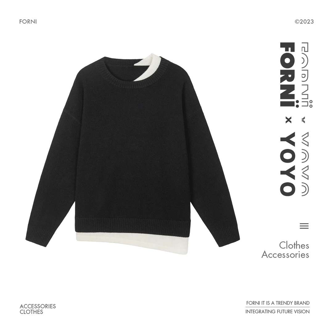 FORNI x YOYO 费尔岛 100绵羊毛时尚撞色拼接假两件宽松针织衫