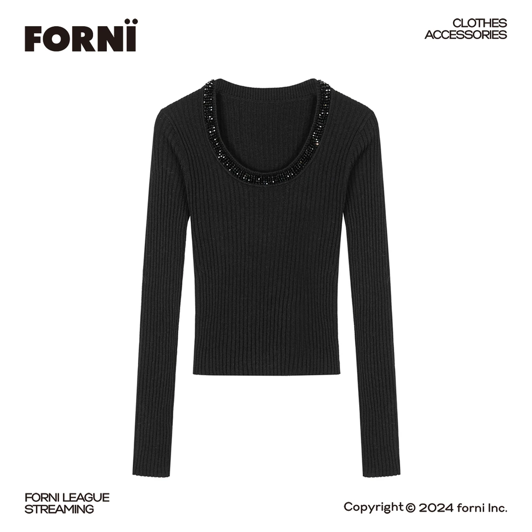 FORNI × YOYO 雅致心事 领口手工串珠绵羊毛气质款时尚修身针织衫