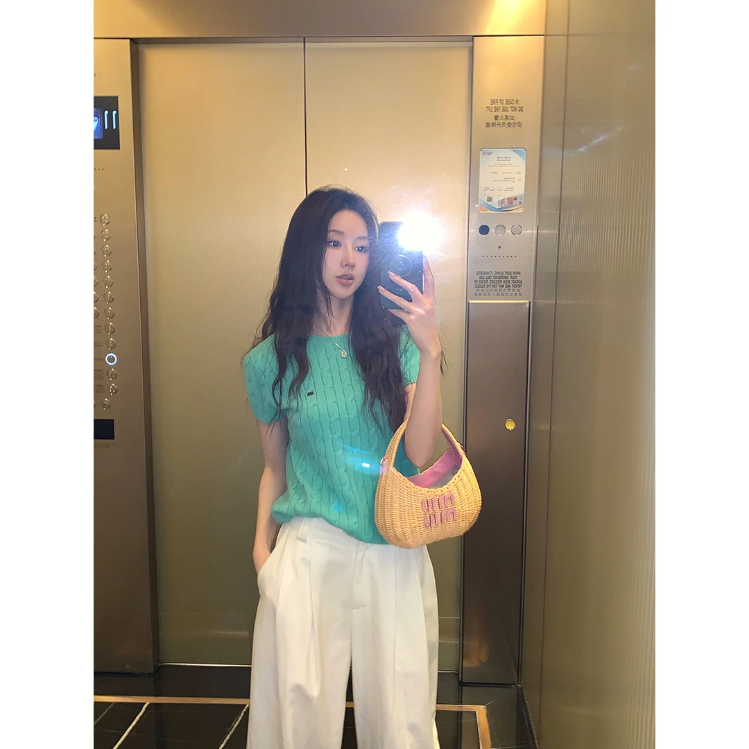 FORNI × YOYO 元英欧尼 绵羊毛麻花纹针织短袖时尚休闲圆领短袖衫