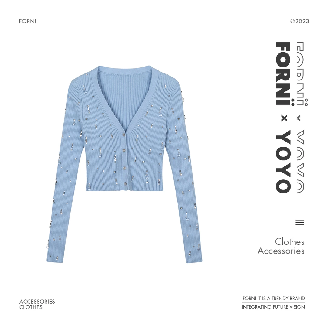 FORNI × YOYO 蓝色星球 纯棉秋冬时尚气质温柔纯手工钉钻纹理开衫