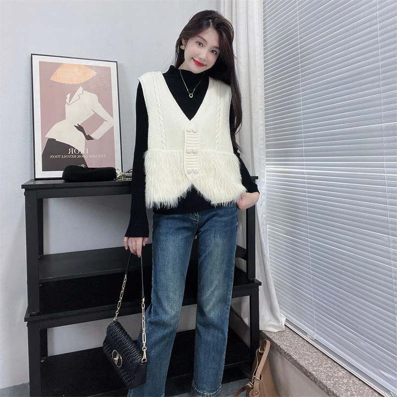 韩系百搭设计感背心开衫2024新洋气高级仿貂毛衣针织马甲女
