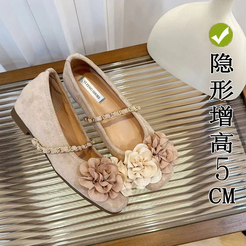 内增高5CM山茶花芭蕾风女鞋小个子春季百搭时尚温柔浅口玛丽珍鞋