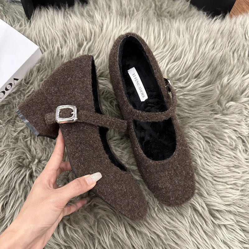 冬季鞋子保暖单鞋复古时尚粗跟加绒内增高玛丽珍鞋高跟毛毛鞋7CM