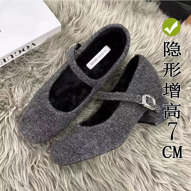 冬季鞋子高跟毛毛鞋保暖时尚粗跟加绒单鞋内增高7CM女士玛丽珍