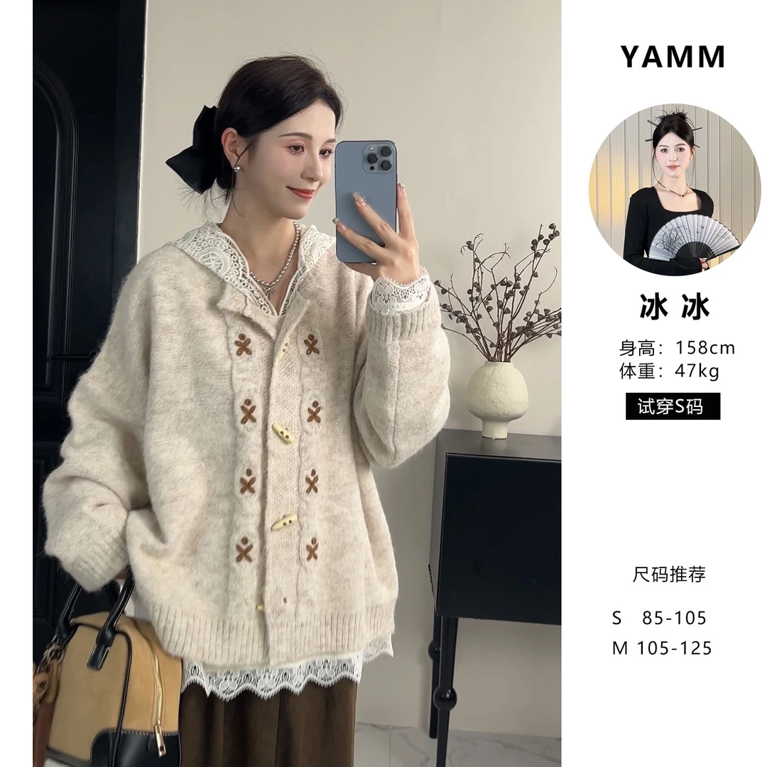 YAMM~韩系慵懒风牛角扣毛衣外套宽松显瘦针织开衫上衣