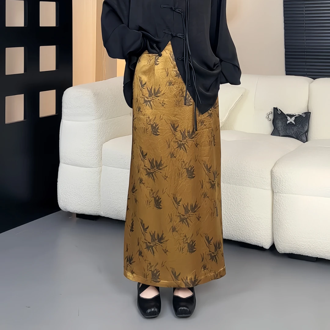 新中式古铜金竹影显瘦开叉半身裙