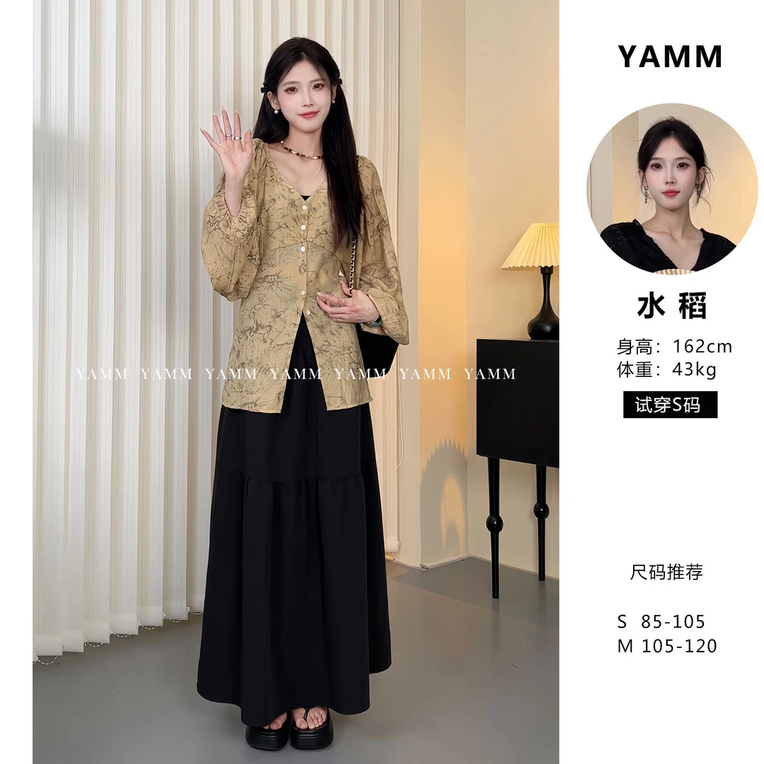 YAMM~新中式纹理印花长袖V领衬衫女
