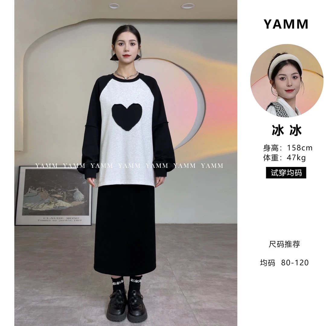 YAMM~撞色插肩袖贴布设计感卫衣女宽松上衣圆领