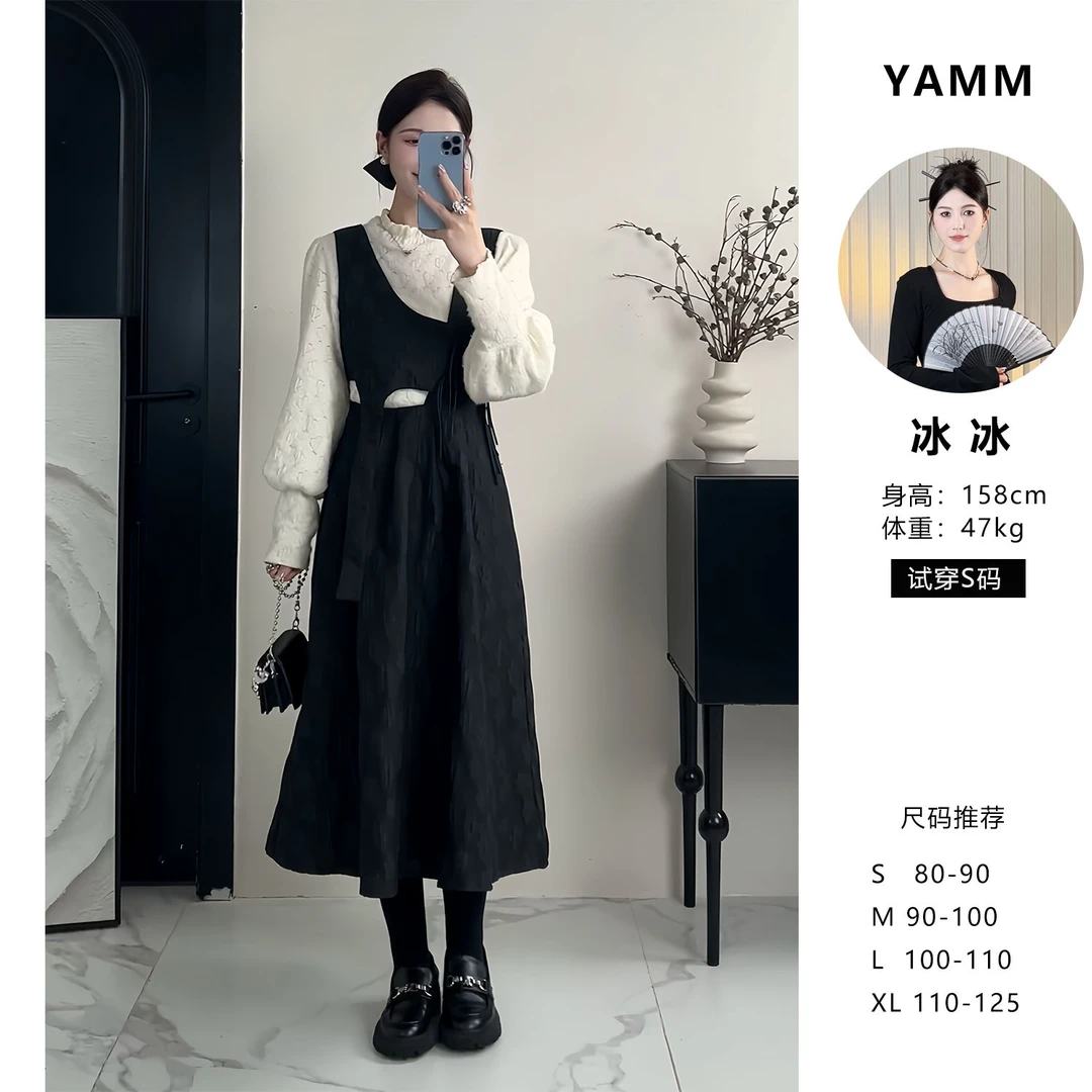 YAMM~重工设计感背带复古减龄法式显瘦小众A字收腰连衣裙
