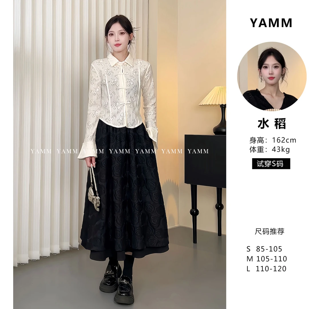 YAMM~新中式盘扣蕾丝衬衫POLO领长袖上衣