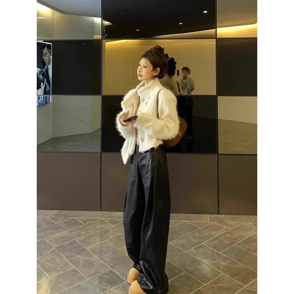 美式黑色酷飒高腰宽松皮裤女秋季新款小众百搭显瘦阔腿休闲长裤子