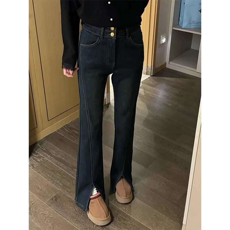 复古深蓝色高腰加绒开叉微喇叭裤女秋季新款小个子修身显瘦牛仔裤
