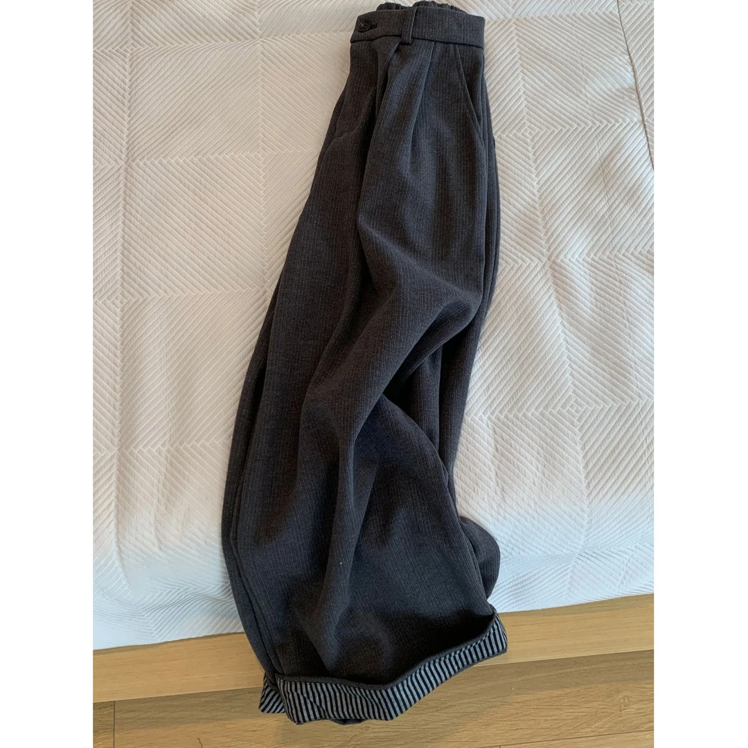 韩系复古条纹高腰卷边休闲裤女2024秋冬新款时尚宽松显瘦阔腿裤子