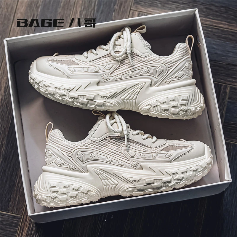 八哥2024新款夏季网面男鞋透气时尚休闲高级感厚底增高老爹鞋子