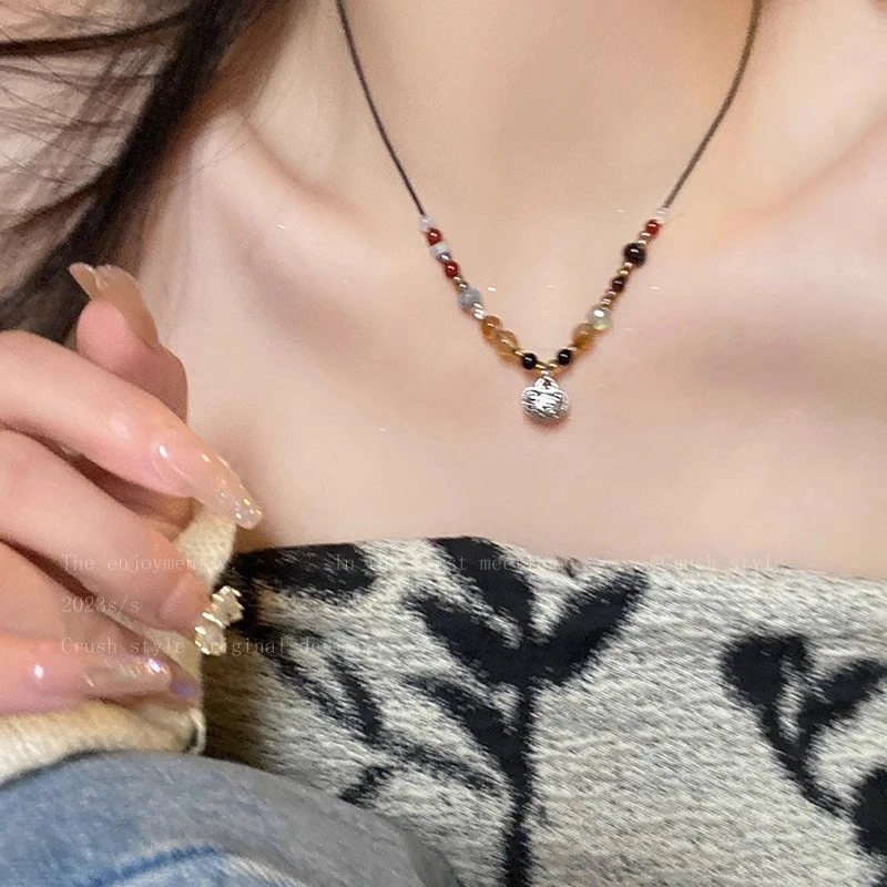 新中式平安锁串珠编织项链女轻奢小众新款锁骨链X022