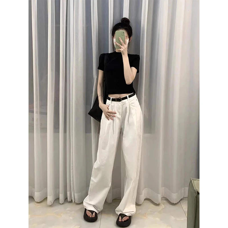 高腰宽松显瘦拖地裤高个子加长美式白色辣妹直筒阔腿牛仔裤女秋季