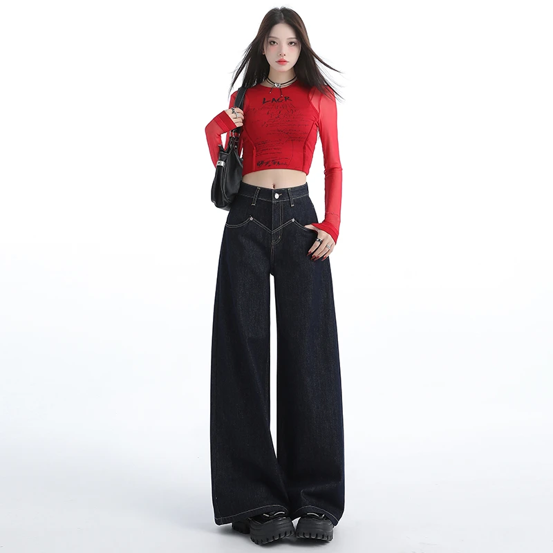 新款春深蓝牛仔裤女新款设计感宽松复古2025垂感直筒裤子女款