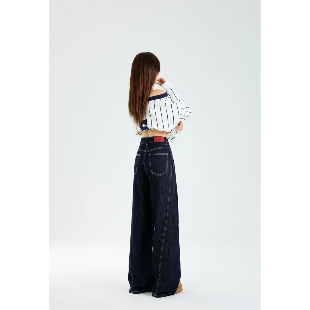 秋冬复古深蓝色美式阔腿牛仔裤女宽松休闲高腰显瘦小个子直筒裤子