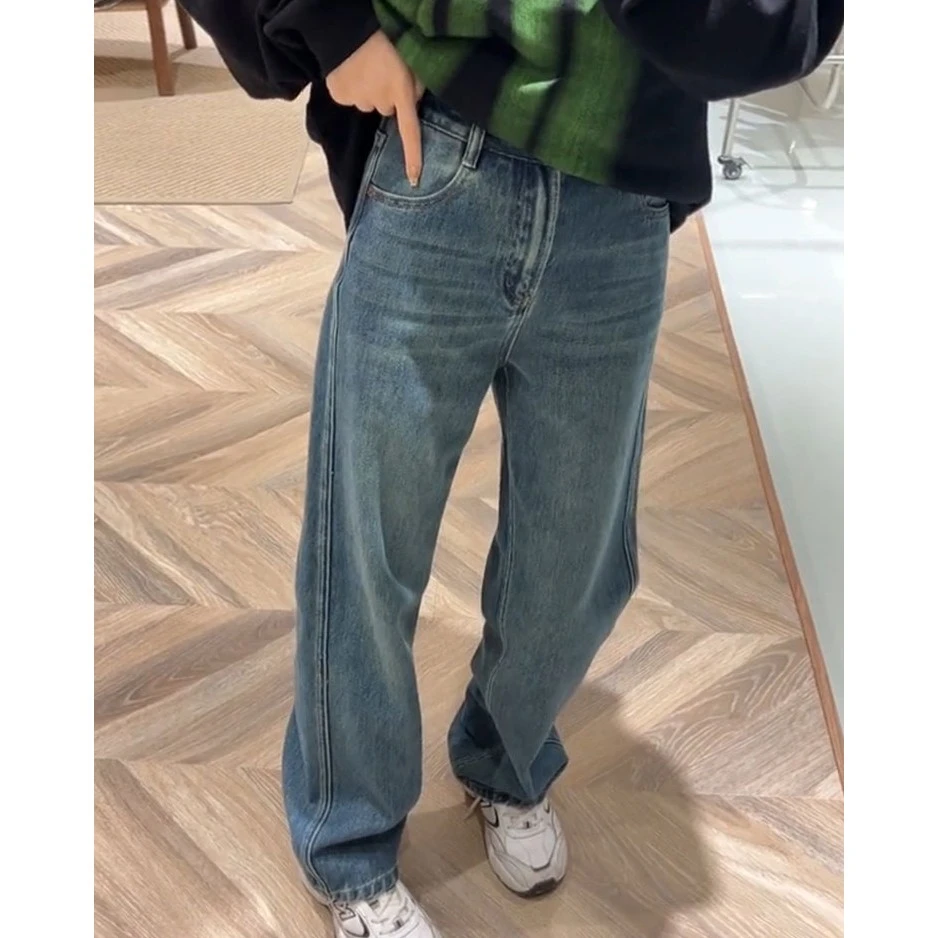 2023年秋冬慵懒风显高显瘦拖地阔腿裤女裤复古百搭高腰直筒牛仔裤