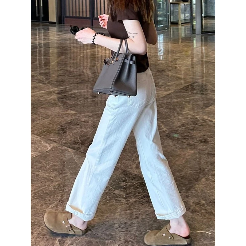 韩版2025春季新款小个子牛仔裤女宽松直筒九分高腰显瘦老爹裤哈伦