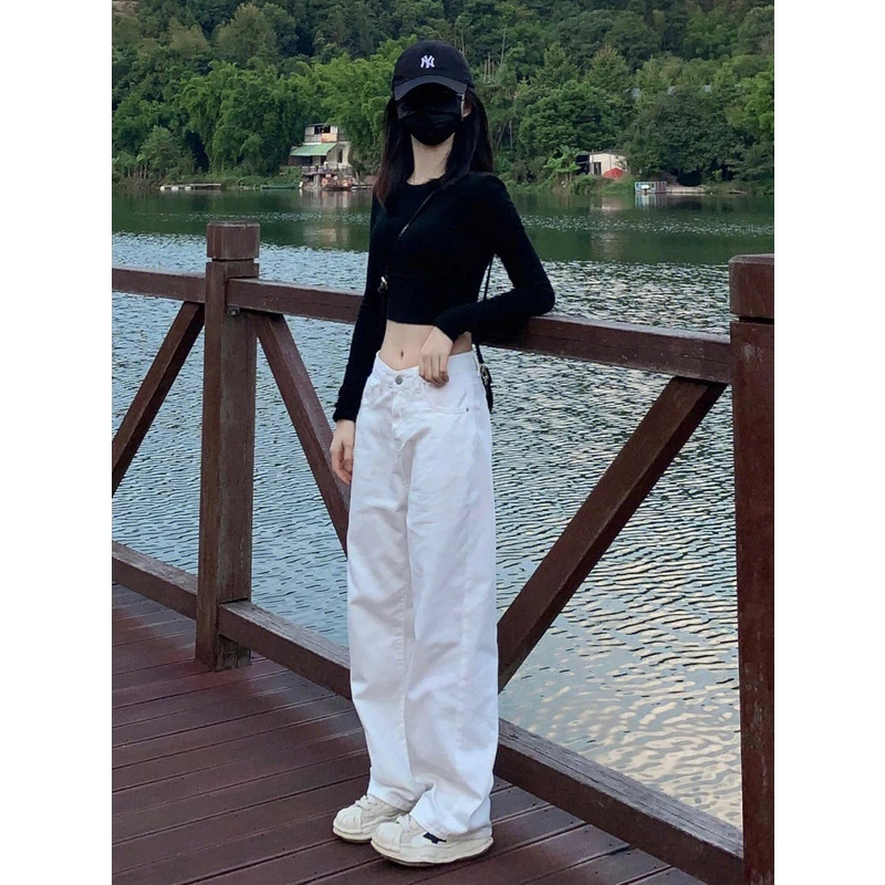 美式辣妹穿搭白色牛仔裤女秋冬显瘦阔腿裤2025新款早春百搭直筒裤