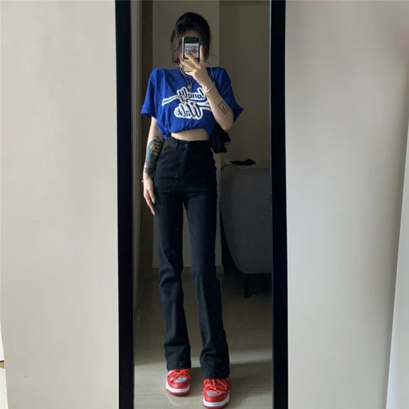 春秋新款高腰显瘦加长直筒烟管拖地裤子女修身百搭弹力黑色牛仔裤