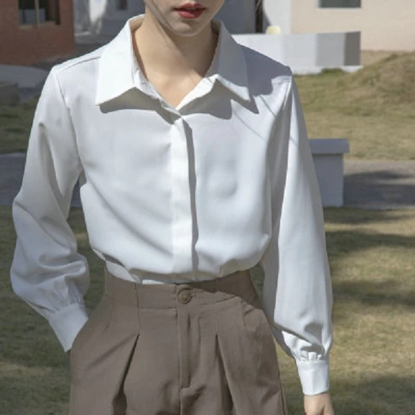 复古职业正装百搭长袖小众白色衬衫女设计感气质韩版衬衣纯色