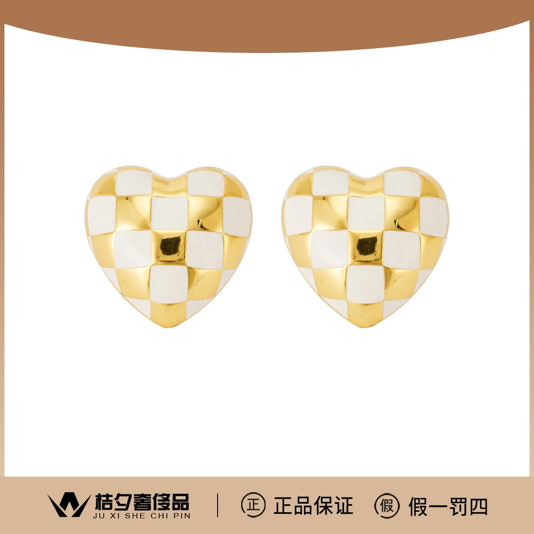 全新未使用  经典复古手工白金色金属格纹爱心耳钉/MJT000161