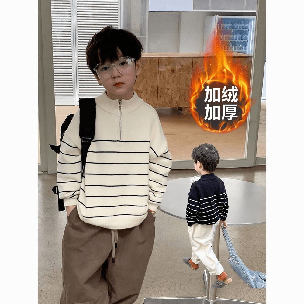 男童毛衣加绒加厚半拉链条纹儿童秋冬上衣外套宝宝套头针织衫新款