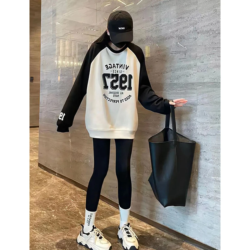 卫衣秋冬女款假两件加绒加厚春秋新款洋气时尚圆领杏色百搭上衣