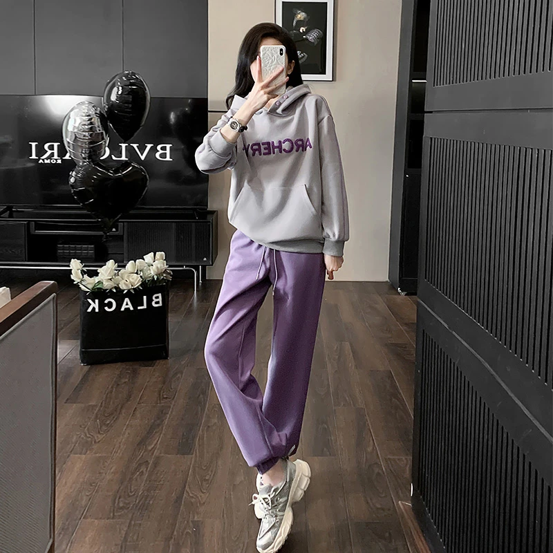 炸街新款春秋运动套装女款高腰加绒时尚显瘦秋季直筒韩版运动套装