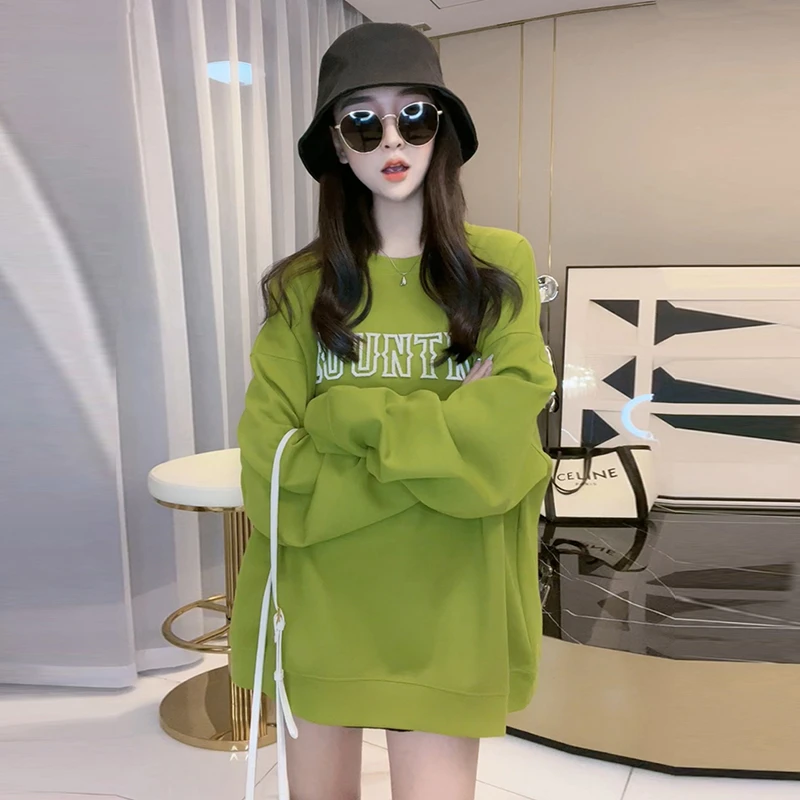 秋冬加绒显瘦新款春秋圆领中长款卫衣百搭洋气时尚绿色外套厚款