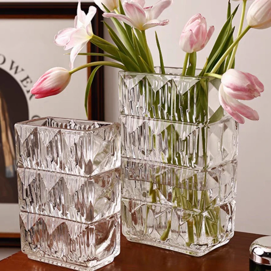 欧式高品质花瓶卢索透明扁方家居装饰品高档轻奢摆件插花养花