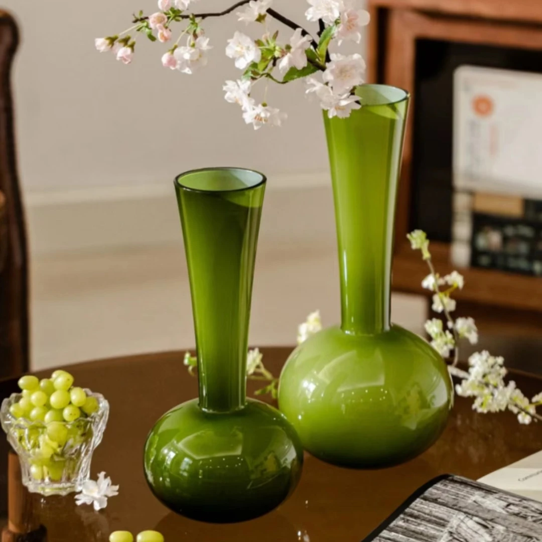 中古绿高级感长颈玻璃花瓶摆件仿真花客厅插花法式家居装饰仿真花