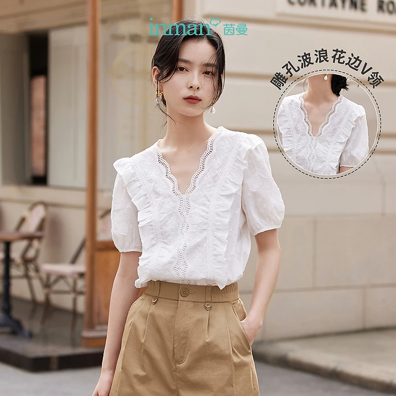 茵曼夏季女衬衫衬衣上衣短袖女士新款泡泡袖休闲宽松套头时尚纯色