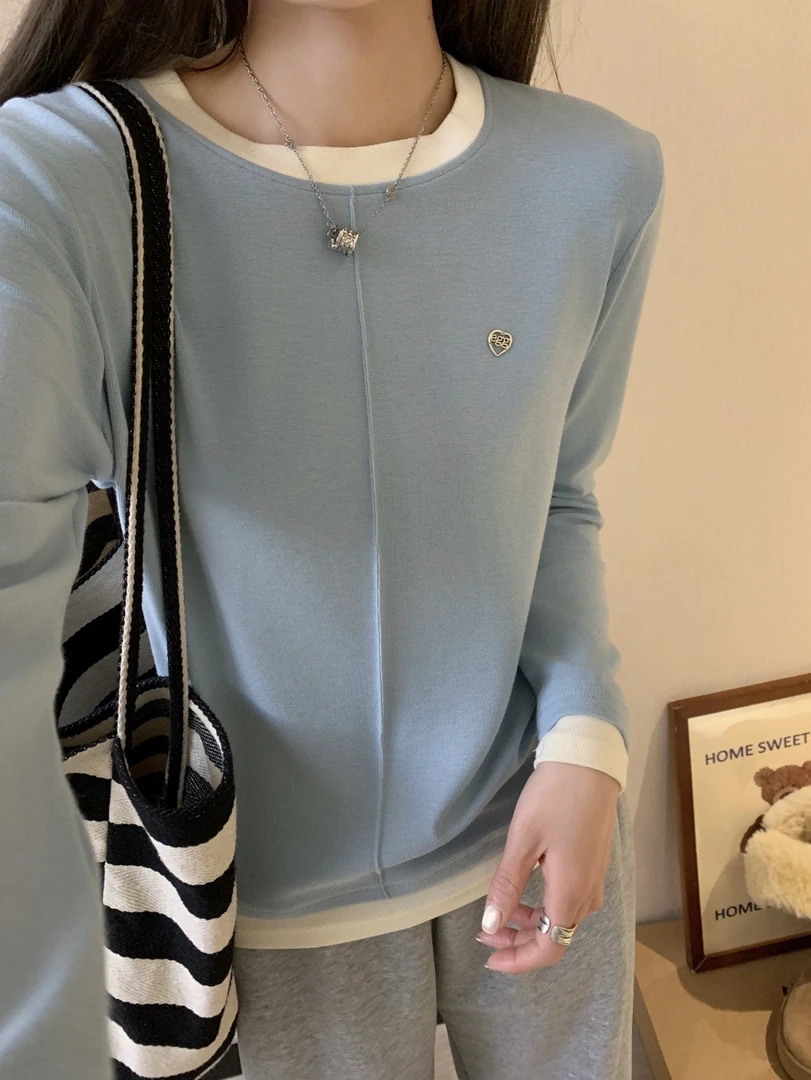 【慕斯质地】秋冬打底修身女装拼色打底长袖百搭圆领圆领585