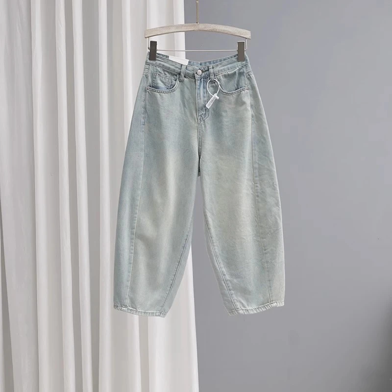 夏季宽松8分牛仔裤女2025新款浅色怀旧老爹裤显瘦百搭哈伦萝卜裤